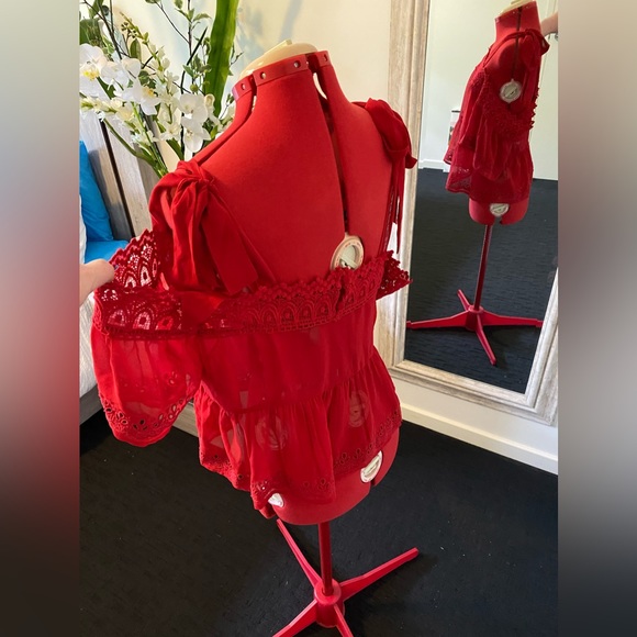 Size 16 Asos Red Lace Tie Shoulder Boho Top - Picture 5 of 10